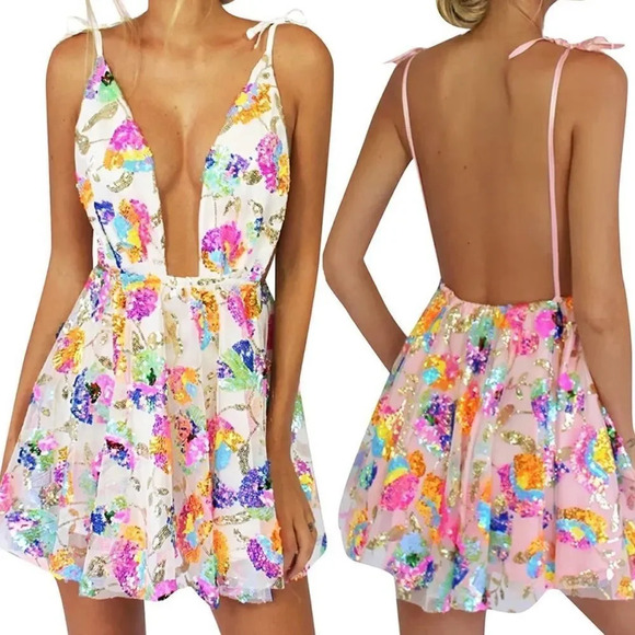 NEW! Embroidered Sequin Floral Sequin Plunging V-Neck Halter Mini Dress - Picture 6 of 14
